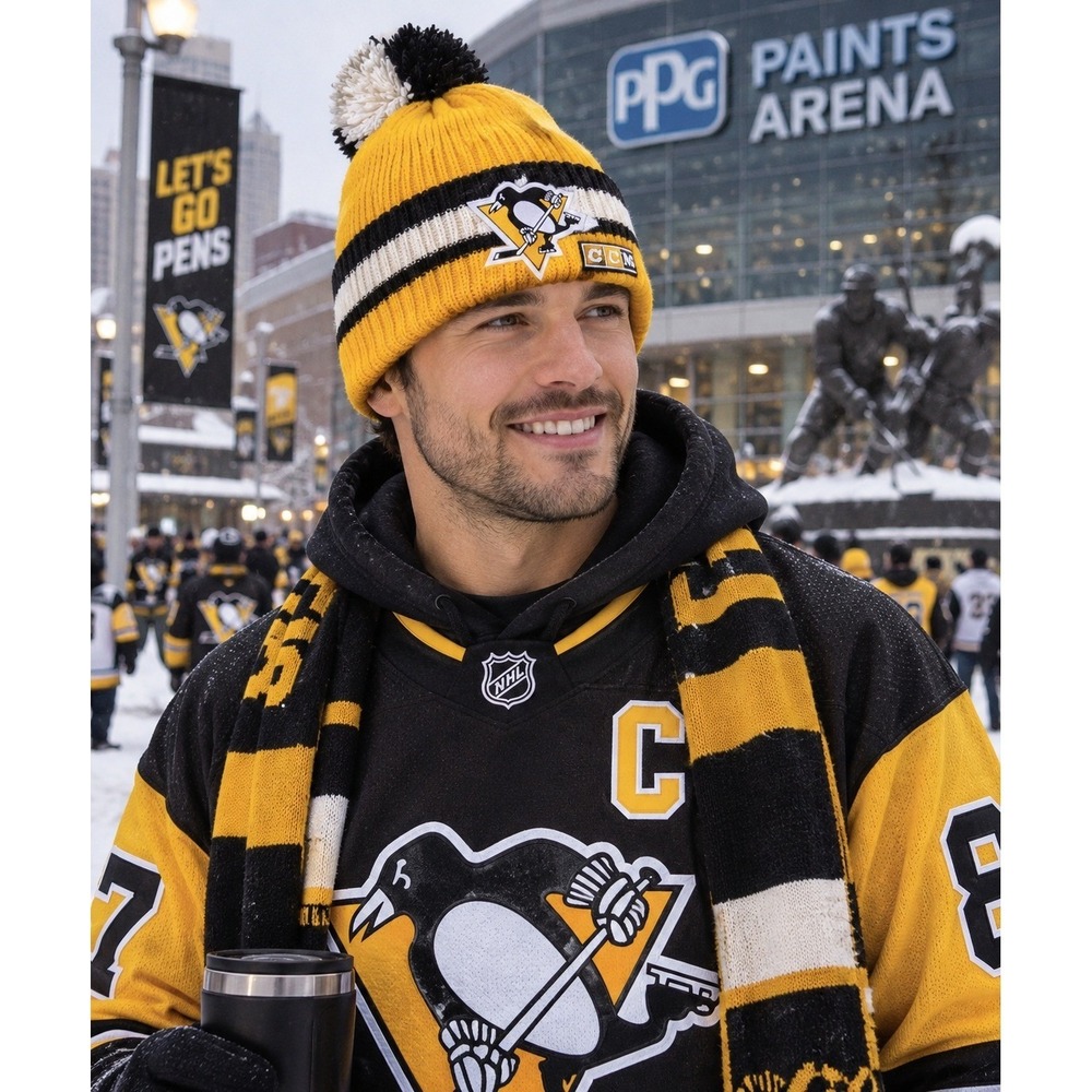 Pittsburgh Penguins CCM NHL Knit Pom Beanie Hat Gold Black White Vintage Style